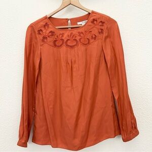 Boden silk blend blouse size 2 embroidered detail excellent color rusted orange